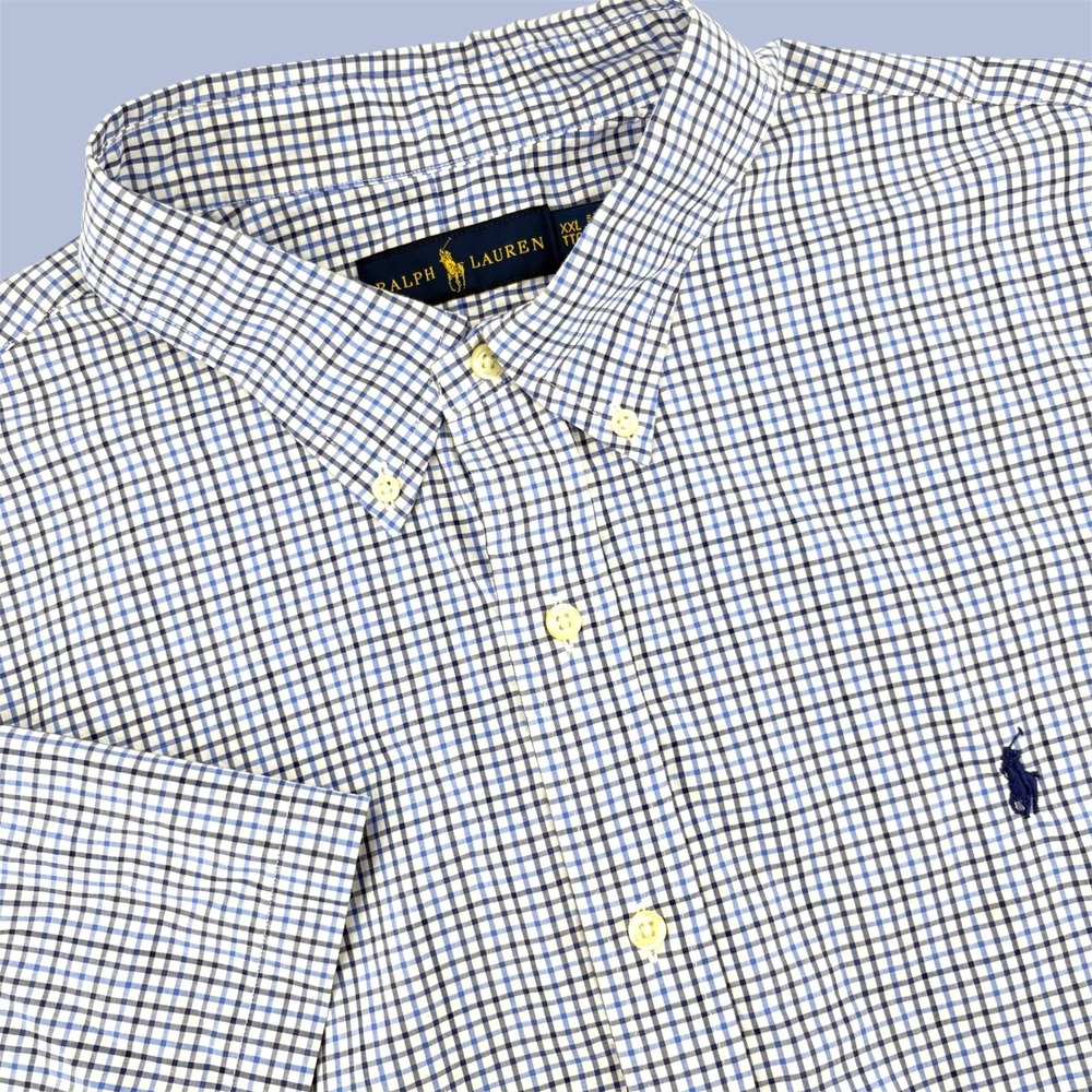 Ralph Lauren Men's XXL Short Sleeve Gingham Button Down Shirt‎ Navy Blue White